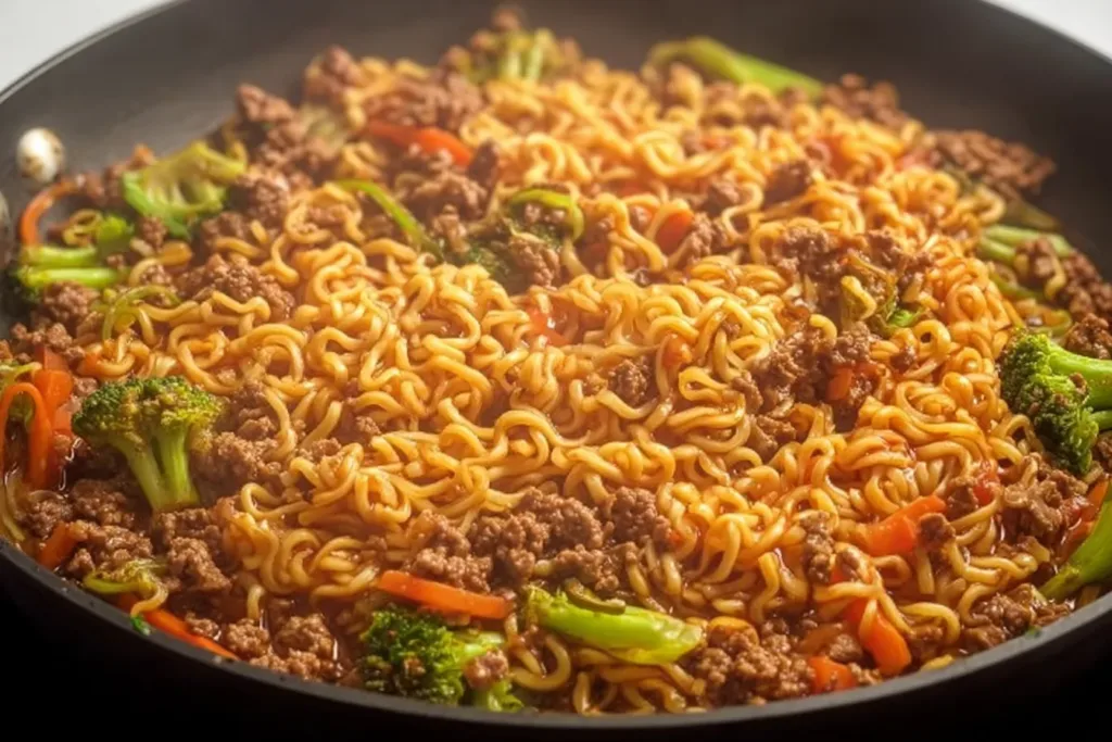 Ground Beef Ramen Skillet Ready to Serve