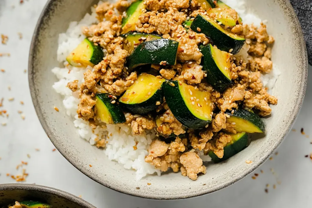 Colorful Ground Chicken and Zucchini Stir Fry Plated