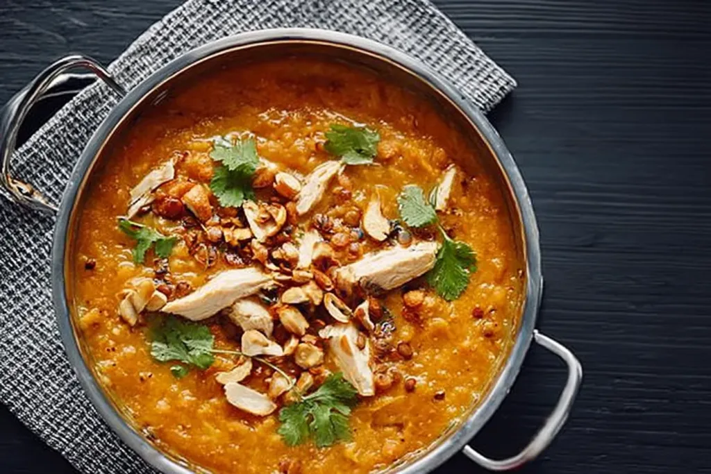 High Protein Chicken Pumpkin Lentil Soup in a Bowl
