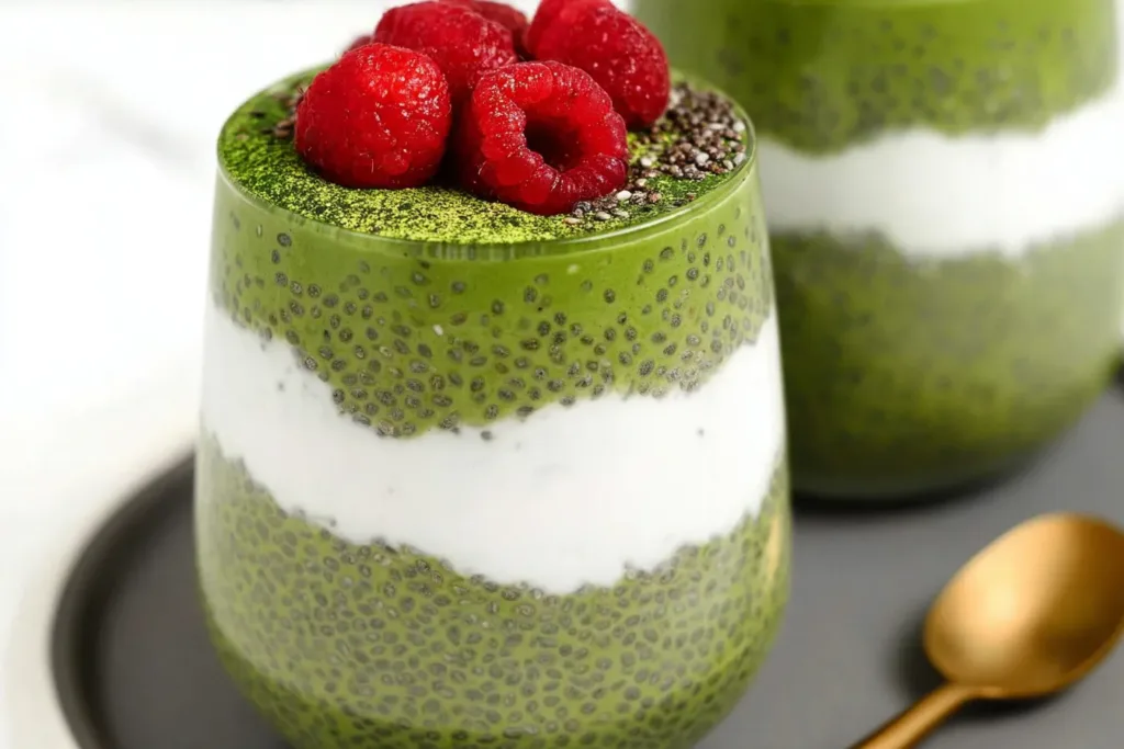 High-Protein Matcha Chia Pudding in a Glass Cup