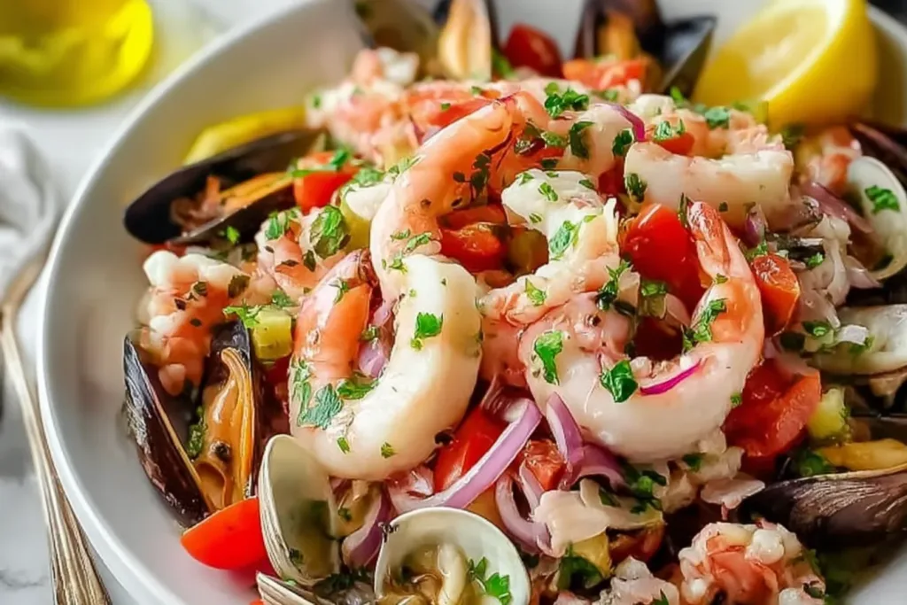 Italian Seafood Salad Close-Up: Fresh Ingredients Revealed