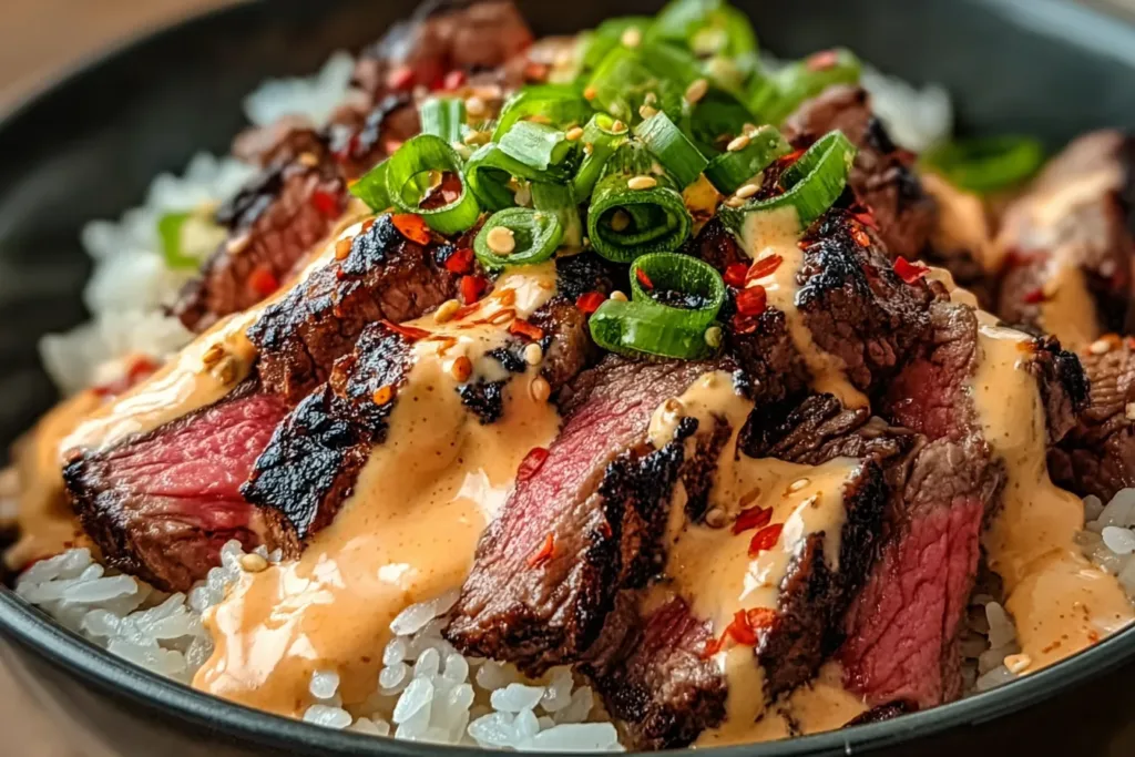Korean BBQ Steak Rice Bowls with Spicy Cream Sauce Close-Up