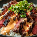 Korean BBQ Steak Rice Bowls with Spicy Cream Sauce Close-Up