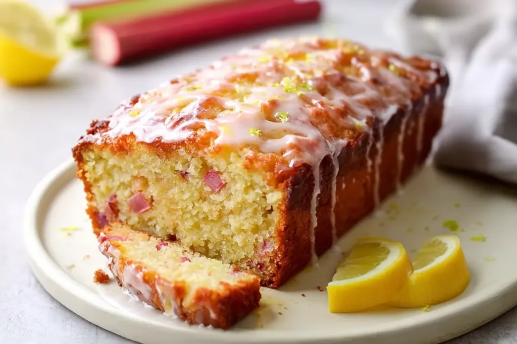 Lemon Rhubarb Loaf with Glaze Freshly Baked