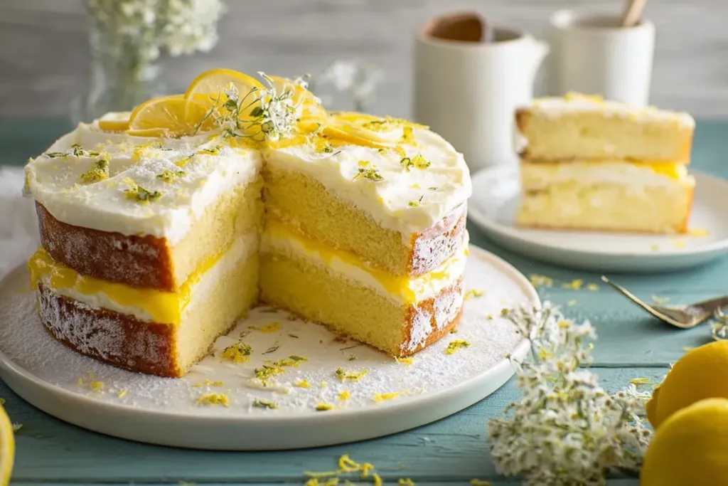 Limoncello Mascarpone Cake Slice with Fresh Lemons