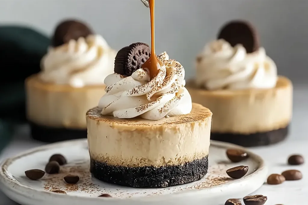 Mini Coffee Cheesecakes Plated with Topping