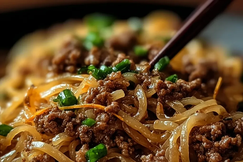 Delicious Mongolian Ground Beef Noodles in a Bowl