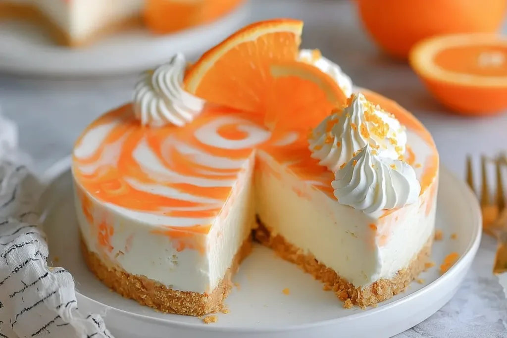 No-Bake Orange Creamsicle Cheesecake Slice on a Plate