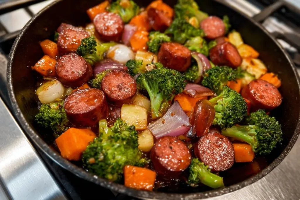 One-Pan Honey Garlic Kielbasa and Veggies in a Skillet