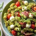 Delicious Quick Antipasto Pesto Pasta Salad on a Platter