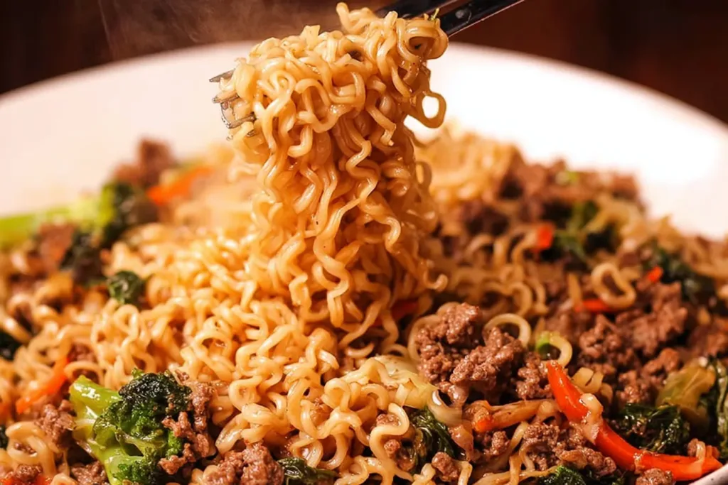 Quick Ground Beef Ramen Stir Fry in a Bowls