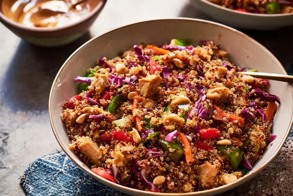 Delicious Quinoa Salad with Peanut Dressing Served in Bowl