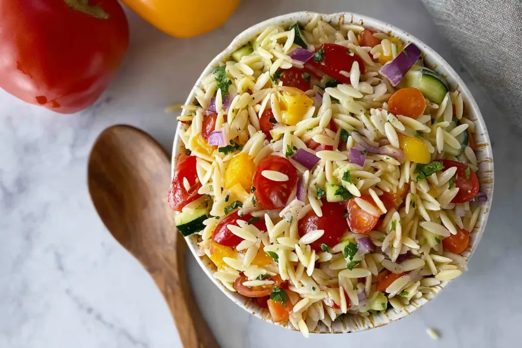 Rainbow Orzo Salad Close-Up: Colorful and Delicious