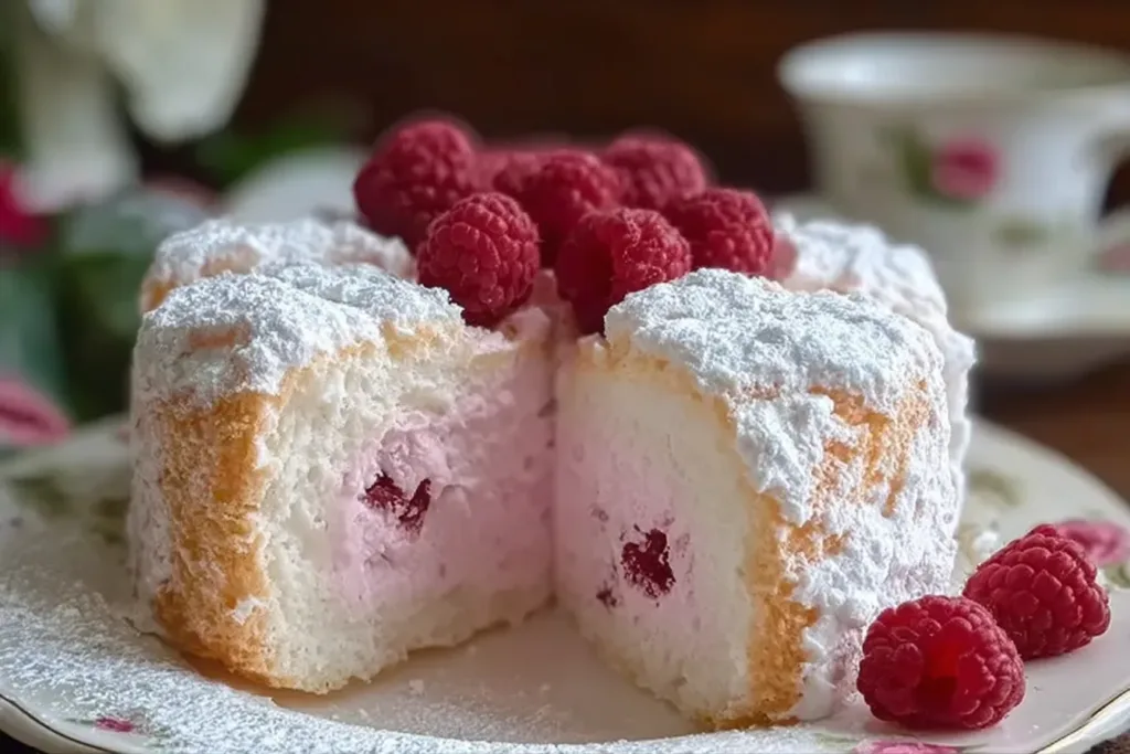 Raspberry Angel Food Cake Slice on a Platter