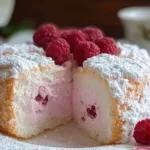 Raspberry Angel Food Cake Slice on a Platter