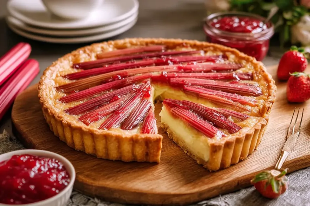 Rhubarb Custard Tart with Pastry Cream and Compote on Table