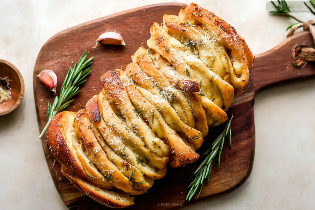 Rosemary Garlic Pull Apart Bread on a Wooden Board