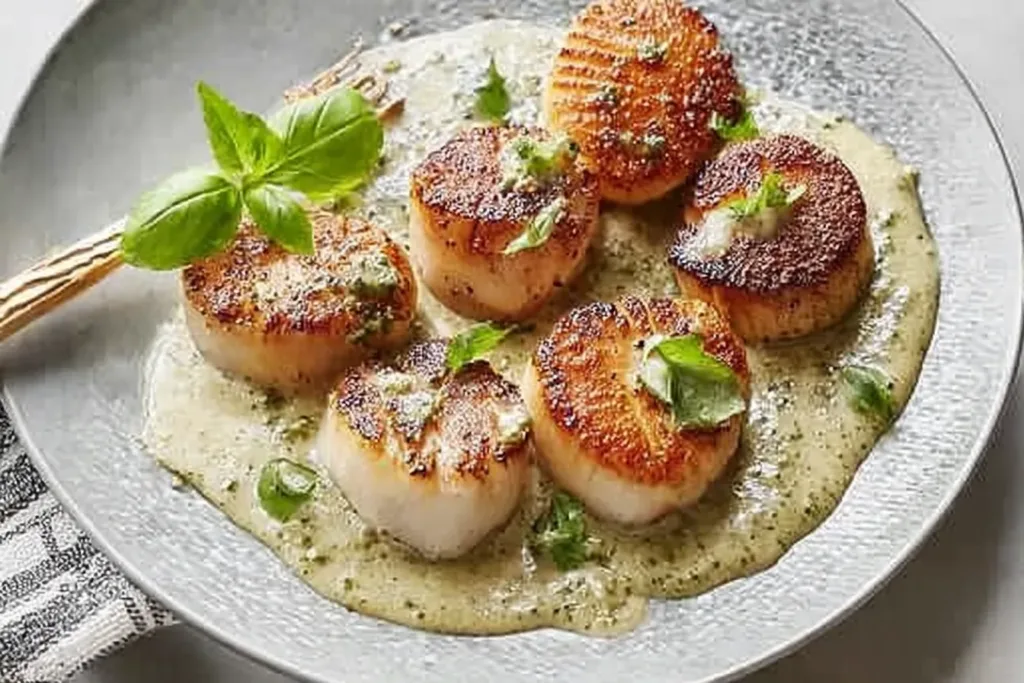 Scallops with Pesto Cream Sauce Served on a Plate