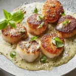 Scallops with Pesto Cream Sauce Served on a Plate