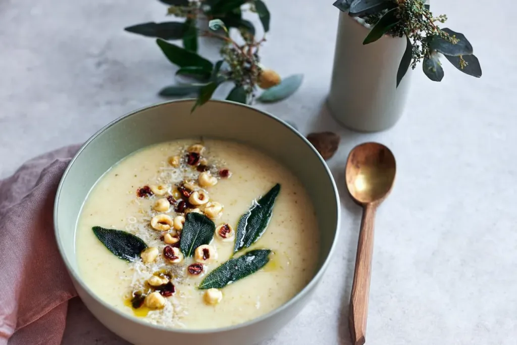 Silky Cauliflower and Leek Soup with Crispy Sage