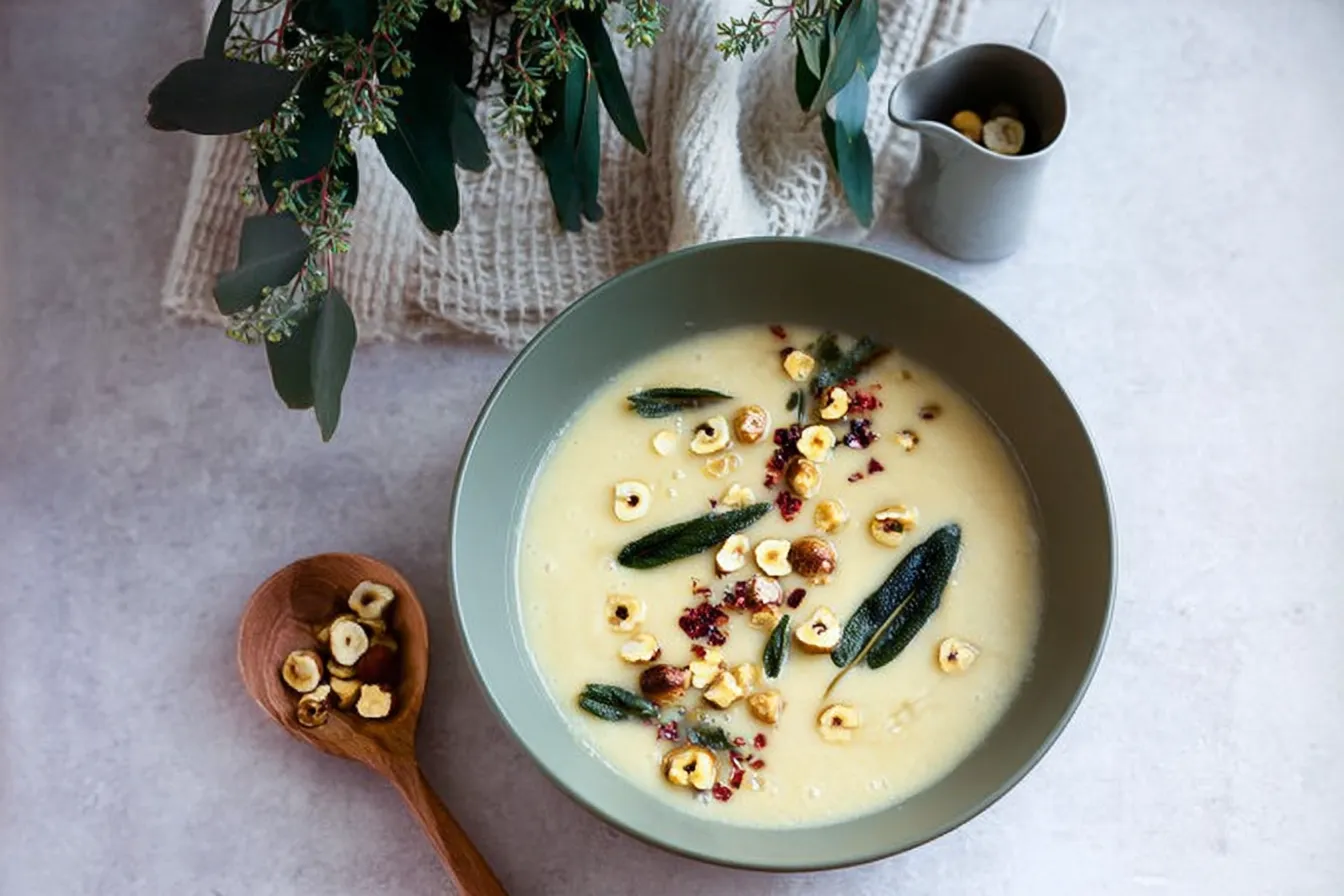 Silky Cauliflower and Leek Soup with Crispy Sage and Roasted Hazelnuts