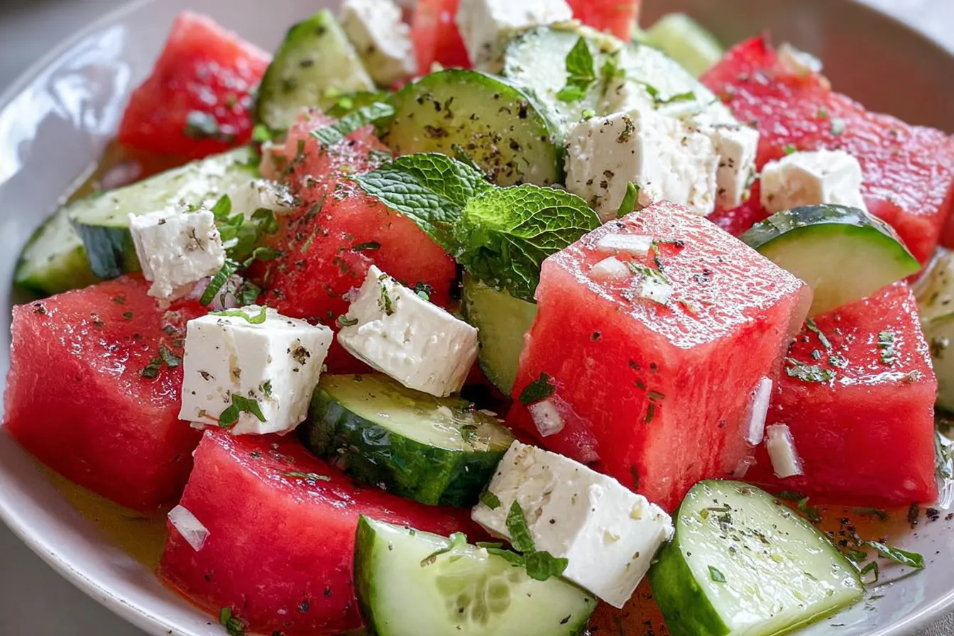 SIMPLE Watermelon + Cucumber + Feta Salad 