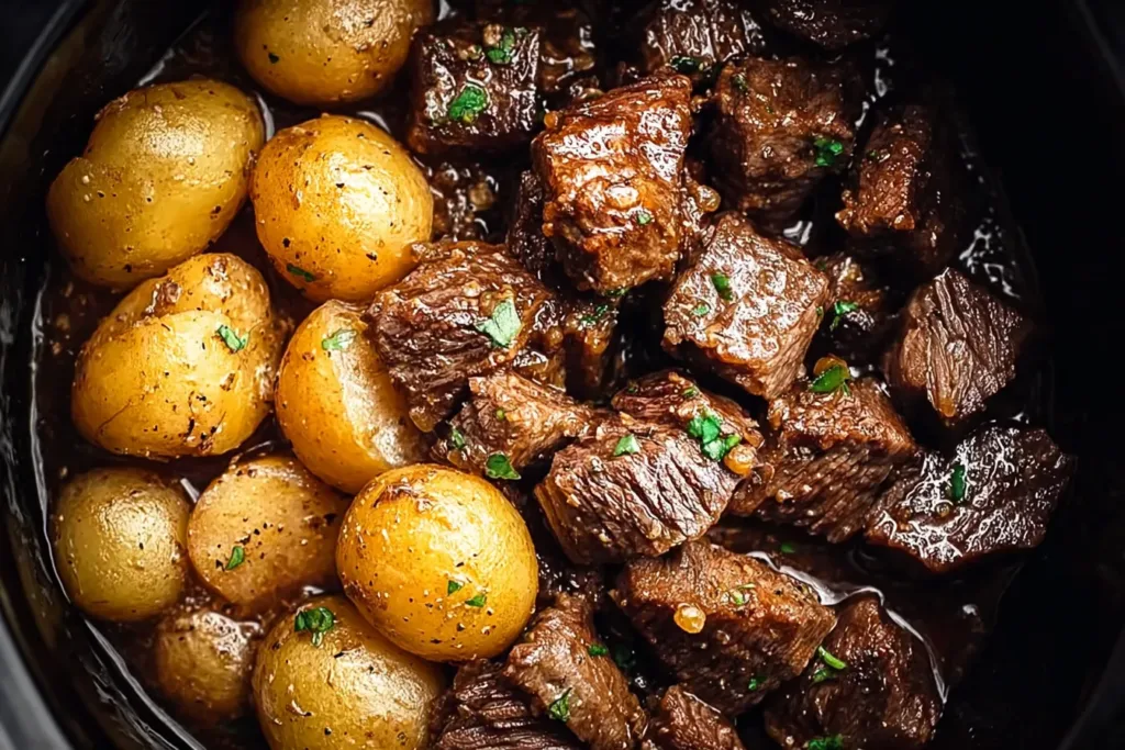 Slow Cooker Garlic Butter Beef Bites with Potatoes in Pot