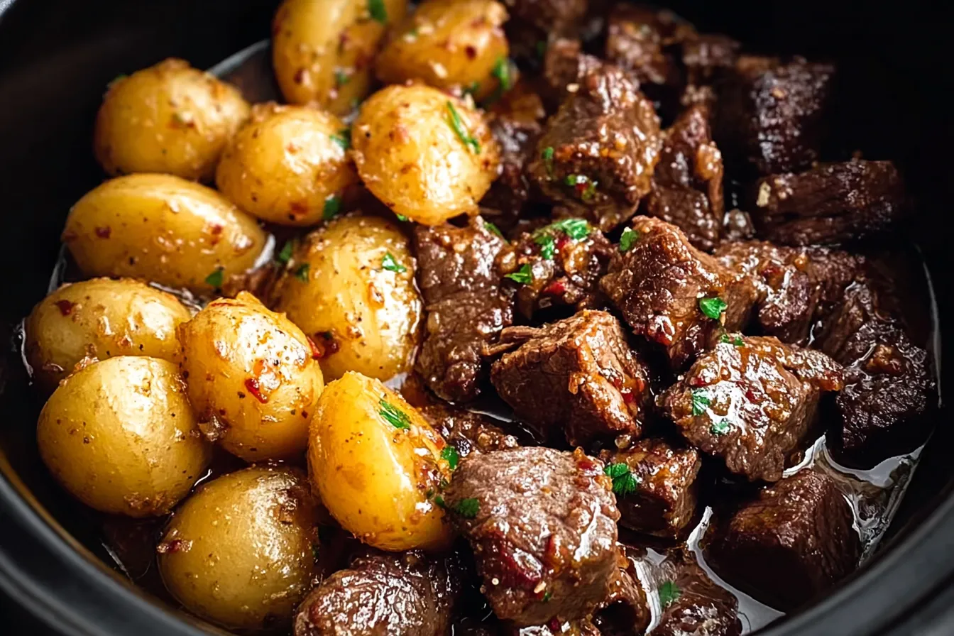Slow Cooker Garlic Butter Beef Bites with Potatoes