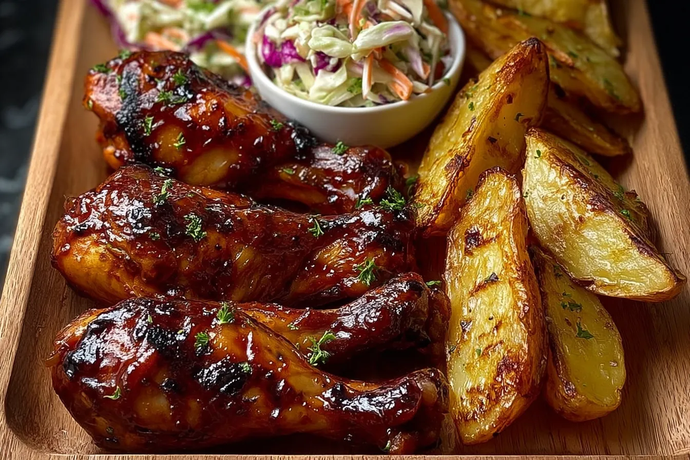 Sticky BBQ Drumsticks with Crispy Potato Wedges & Fresh Slaw 