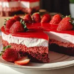 Strawberry Red Velvet Cheesecake Slice on Plate