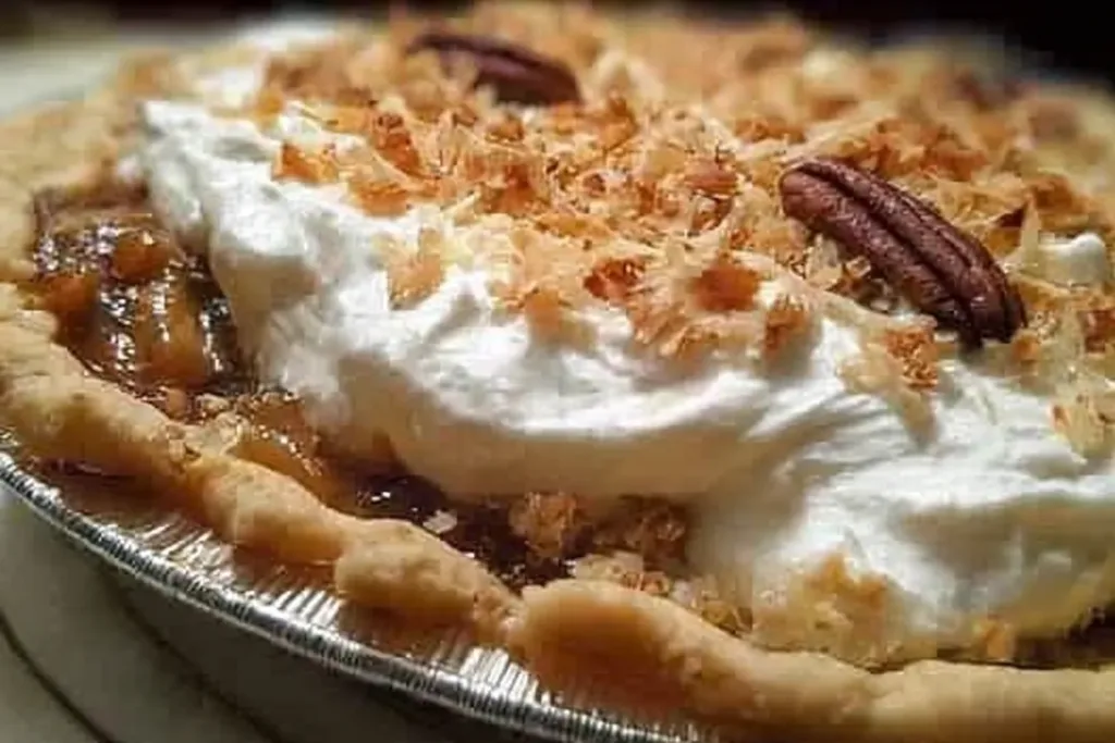 Sliced Toasted Coconut, Pecan, and Caramel Pie