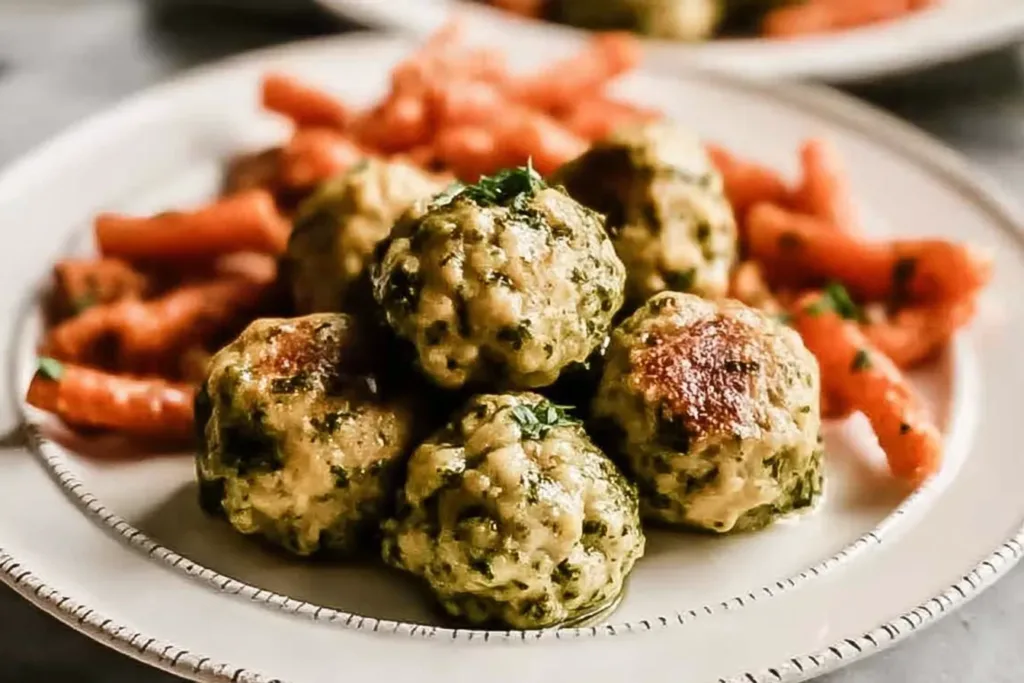 Baked Chicken Meatballs: Delicious and Healthy Dinner Idea 3 Baked Chicken Meatballs on a Serving Platter