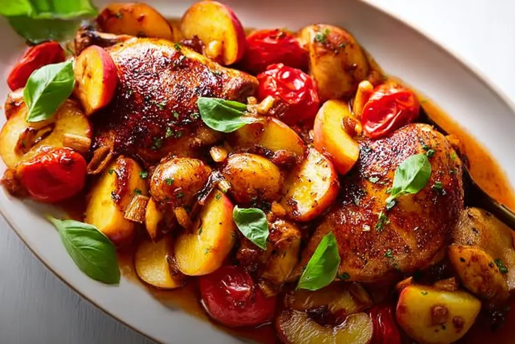 Balsamic Roasted Chicken With Peaches on a Dinner Plate