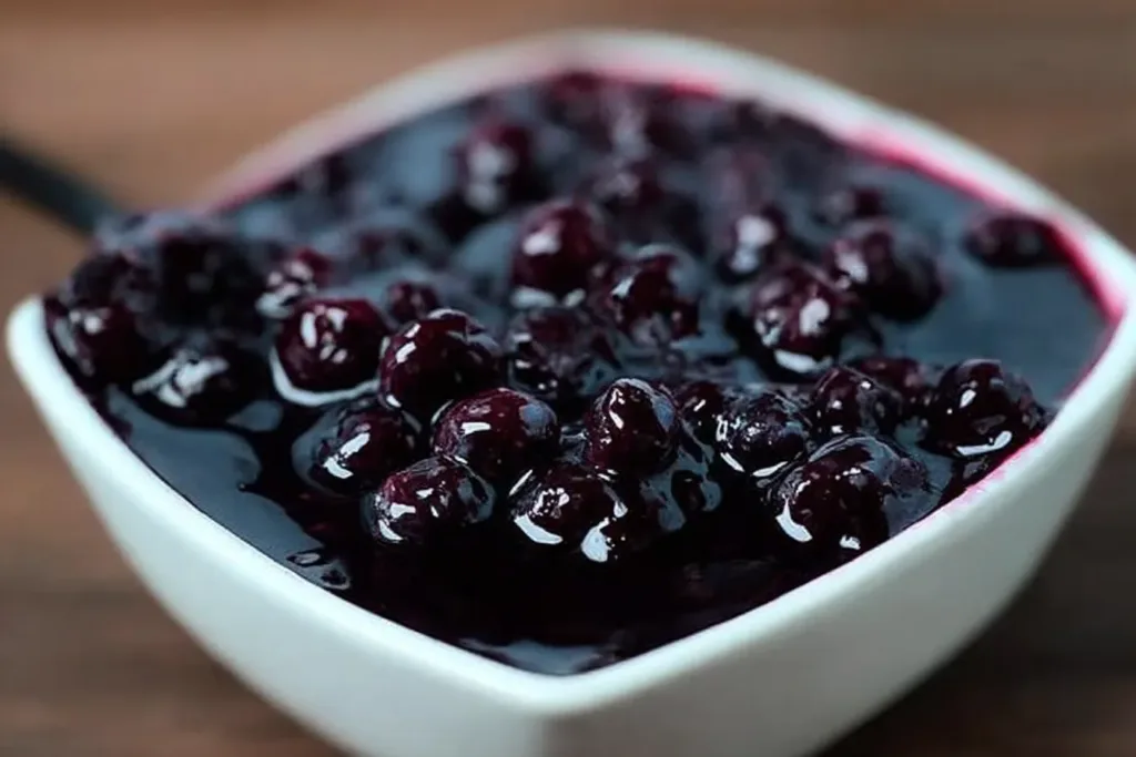 Fresh Blueberry Sauce Drizzled Over Pancakes