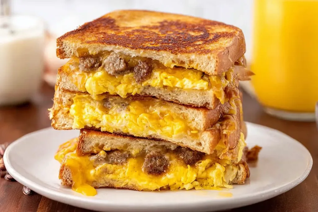 Breakfast Grilled Cheese Sandwich with Eggs and Sausage