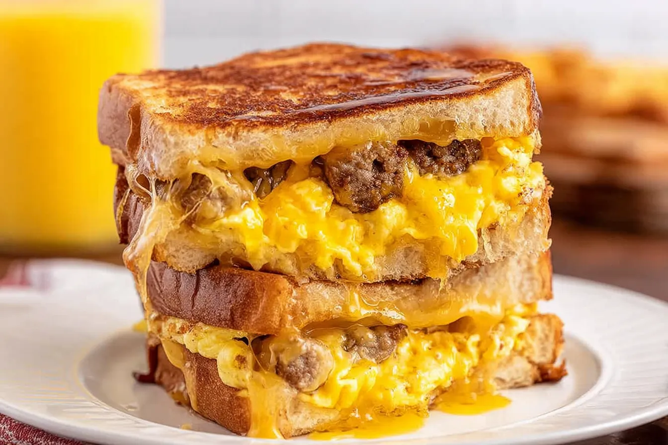 Breakfast Grilled Cheese Sandwich with Eggs and Sausage
