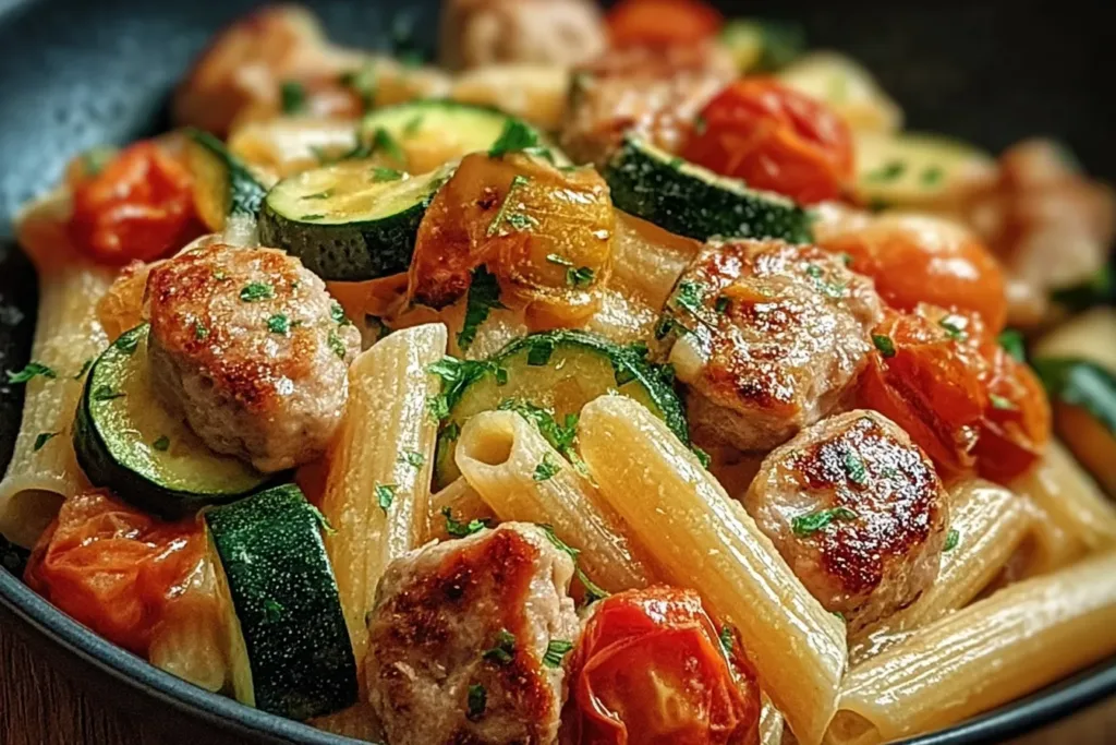 Chicken Sausages with Zucchini and Tomatoes on Pasta
