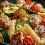 Chicken Sausages with Zucchini and Tomatoes on Pasta