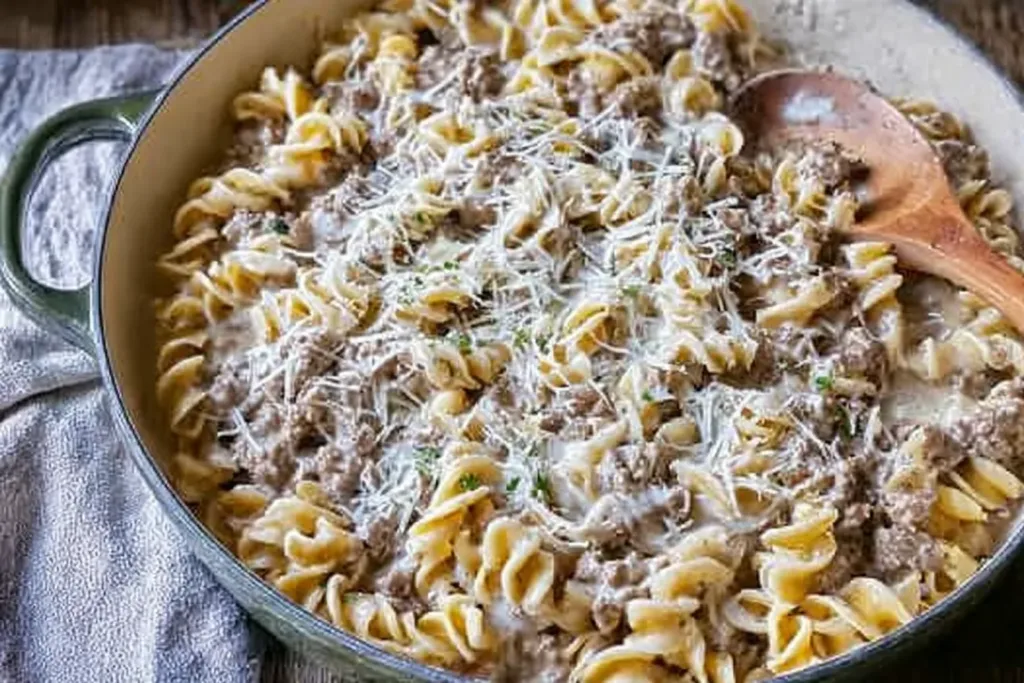 Creamy Ground Beef and Noodles in a Skillet