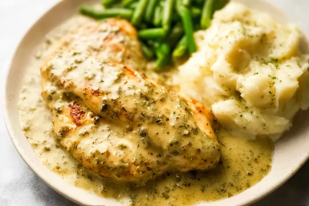 Creamy Pesto Chicken Plated with Fresh Basil