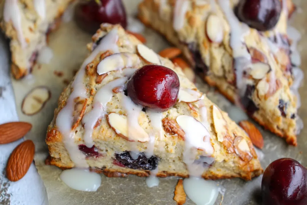 Easy Glazed Fresh Cherry Almond Scones on a Plate