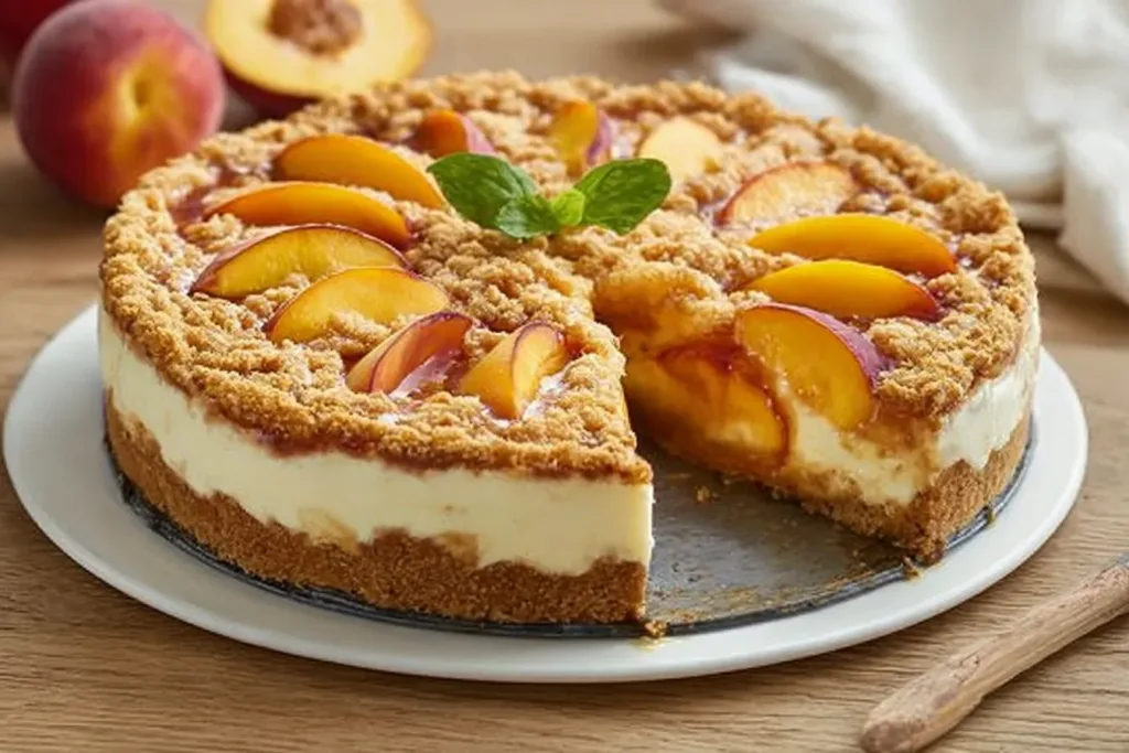 Easy Peach Cobbler Cheesecake Recipe: A Slice of Heaven 3 Easy Peach Cobbler Cheesecake Slice on a Plate