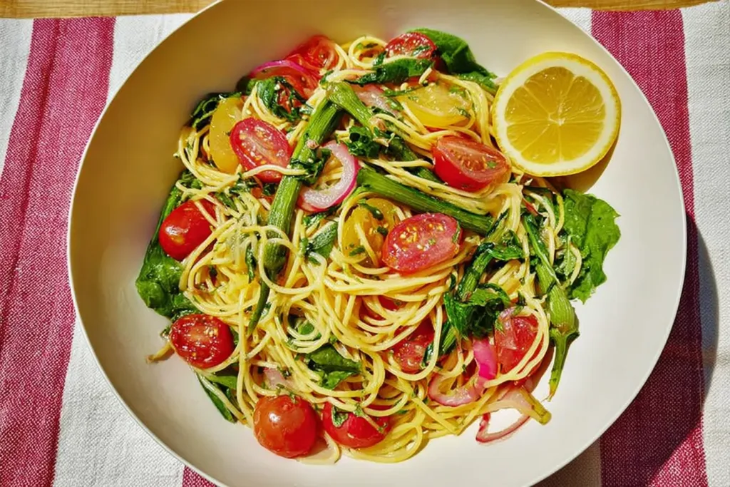 Garlic Scape and Cherry Tomato Pasta in a Bowl