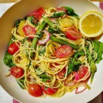 Garlic Scape and Cherry Tomato Pasta in a Bowl