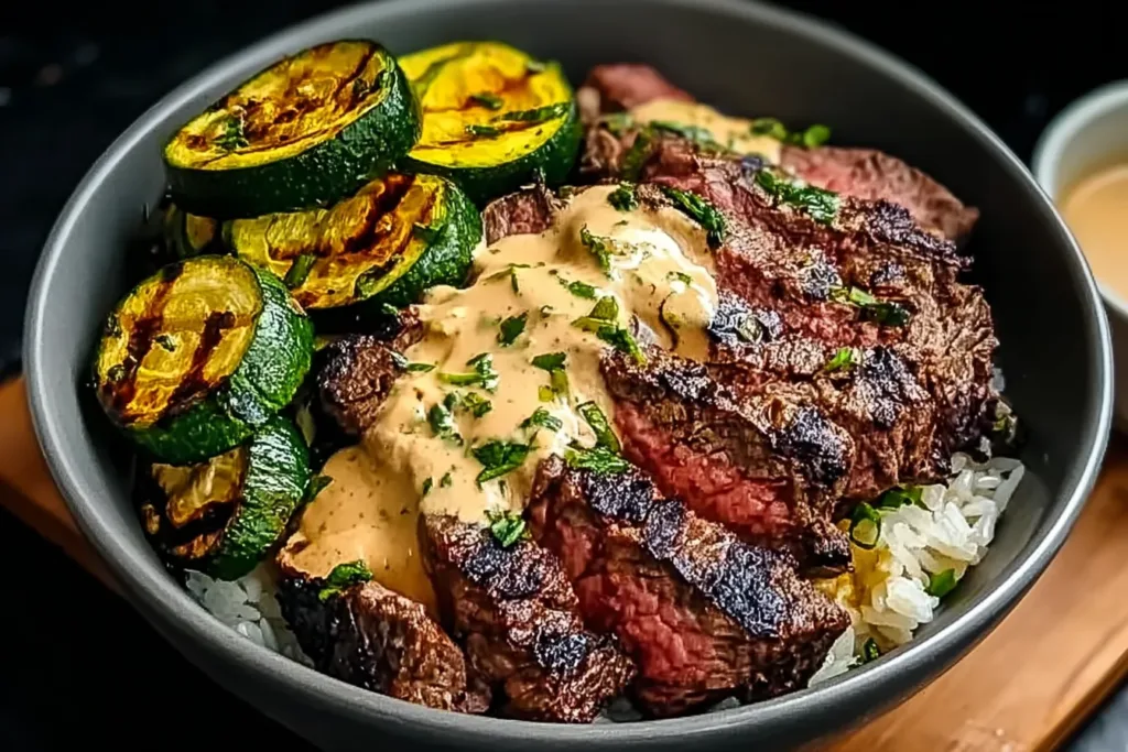 Grilled Steak Bowl with Sauce & Grilled Zucchini Bliss