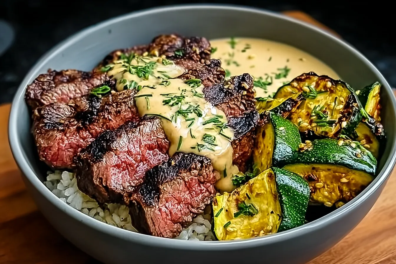 Grilled Steak Bowl with Sauce & Grilled Zucchini Bliss 