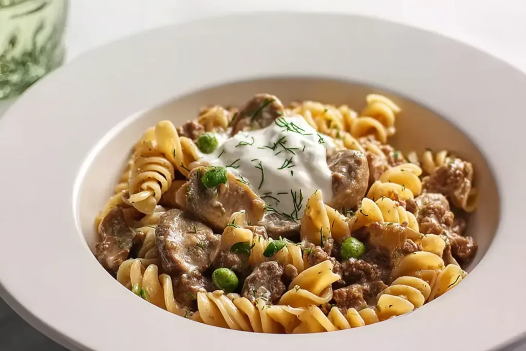 Savory Ground Beef Stroganoff Noodles in a Bowl