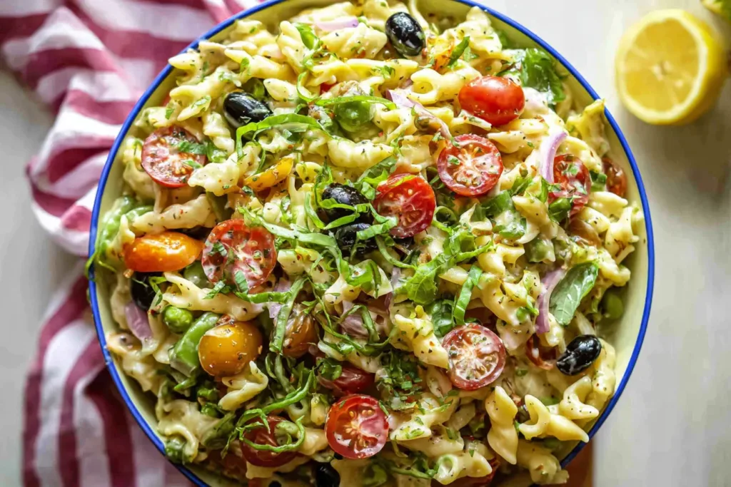 Healthy Creamy Pasta Salad Ingredients and Final Dish Image