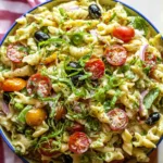 Healthy Creamy Pasta Salad Ingredients and Final Dish Image