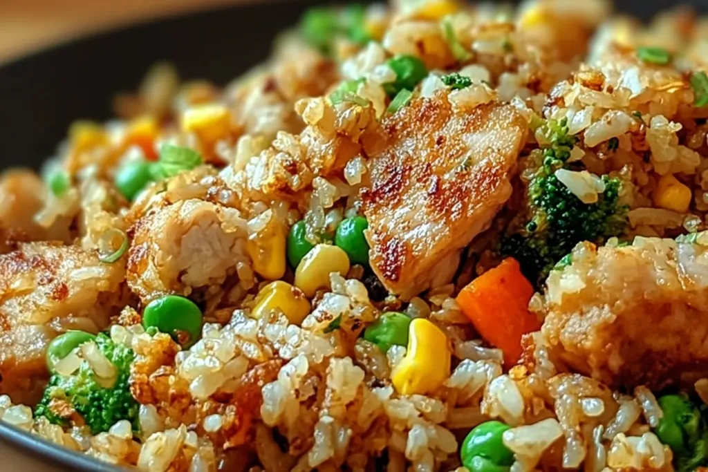High Protein Crispy Garlic Chicken Fried Rice Plated
